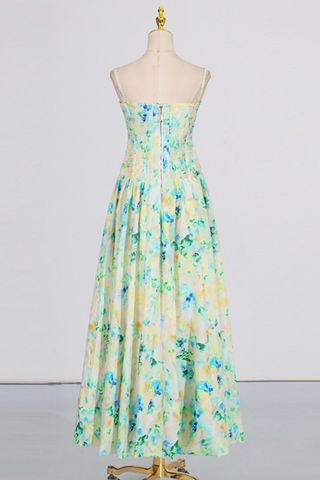 Floral Strapless High Slit Long Dress with Ruched Bodice