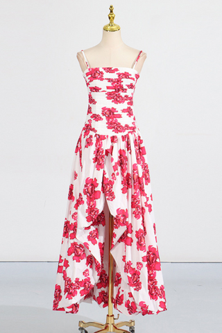 Floral Strapless High Slit Long Dress with Ruched Bodice