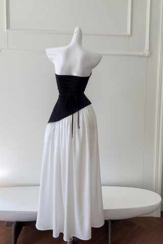 Monochrome Strapless Corset  Lace-Up Back  Long Dress