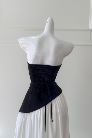 Monochrome Strapless Corset  Lace-Up Back  Long Dress