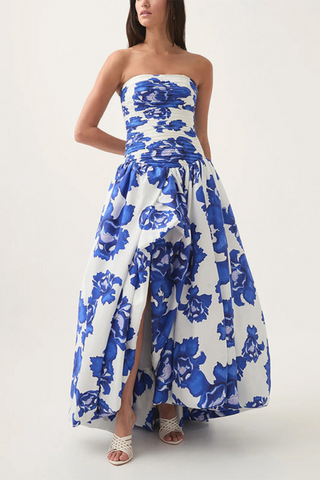 Floral Strapless High Slit Long Dress with Ruched Bodice