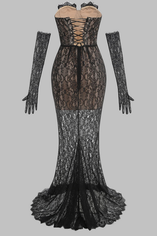 Elegant Black Lace Strapless Corset Long Dress with Sheer Fishtail Skirt and Matching Opera Gloves