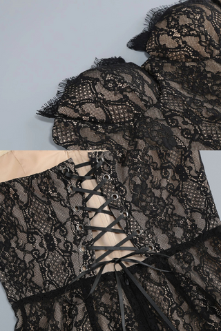 Elegant Black Lace Strapless Corset Long Dress with Sheer Fishtail Skirt and Matching Opera Gloves