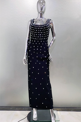 Luxury Rhinestone U-Neck Sleeveless Bandage  Elegant Bodycon Fit Long Dress