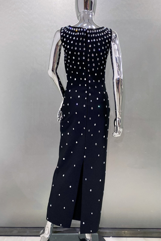 Luxury Rhinestone U-Neck Sleeveless Bandage  Elegant Bodycon Fit Long Dress