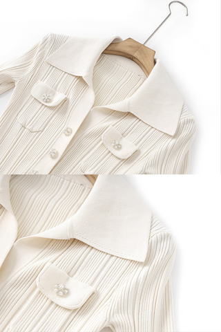 Pearl Button Elegant Long Sleeve Ribbed Knit Long Dress