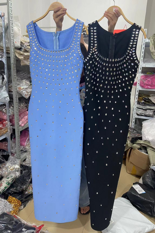 Luxury Rhinestone U-Neck Sleeveless Bandage  Elegant Bodycon Fit Long Dress