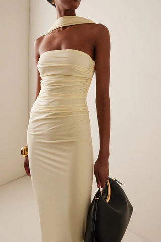 Buttercream Mesh Backless Long Dress with Ruched Flower Detail