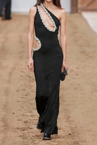 Luxury One-Shoulder Crystal Cutout Log Dress