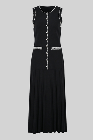 Pearl Trim Pleated Knit Midi Dress & Sleeveless Button-Front Design