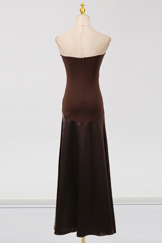Satin Strapless Dark Brown Backless Long Dress