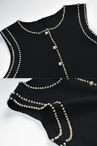 Pearl Trim Pleated Knit Midi Dress & Sleeveless Button-Front Design