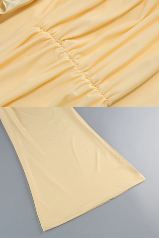 Buttercream Mesh Backless Long Dress with Ruched Flower Detail