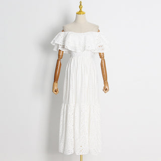 Embroidered Off Shoulder Ruffled Long Dress