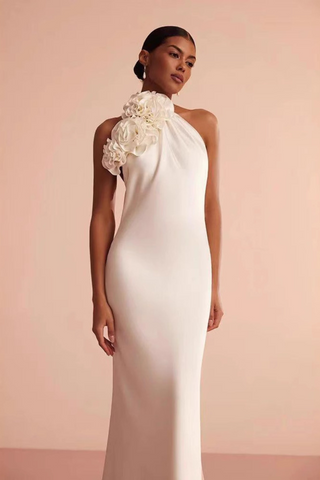 Ivory Bloom Halter Backless Long Dress