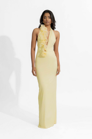 Yellow Ruffle Halter Backless Long Dress with Floral Appliqué and Deep V Neckline