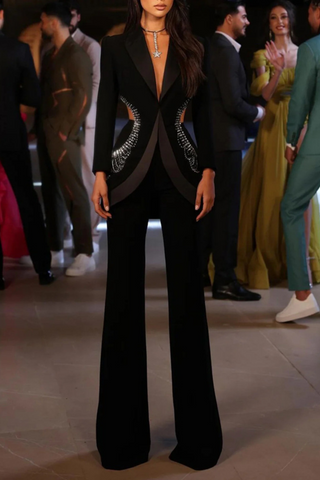 Black Crystal-Embellished Cutout Blazer & Wide-Leg Trousers Set