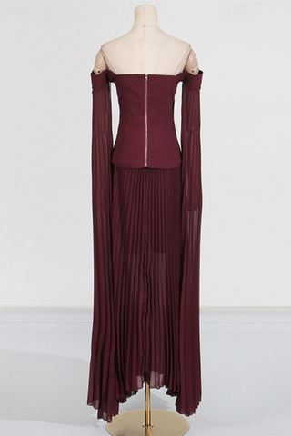 Burgundy Off-Shoulder Pleated Top and Maxi Skirt Set with Sheer Sleeves Set