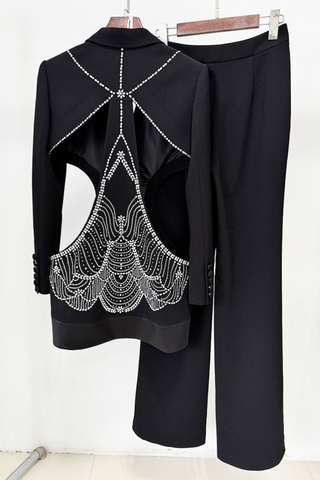 Black Crystal-Embellished Cutout Blazer & Wide-Leg Trousers Set