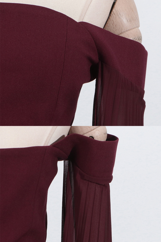 Burgundy Off-Shoulder Pleated Top and Maxi Skirt Set with Sheer Sleeves Set