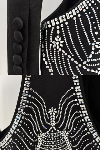 Black Crystal-Embellished Cutout Blazer & Wide-Leg Trousers Set
