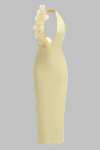 Yellow Ruffle Halter Backless Long Dress with Floral Appliqué and Deep V Neckline
