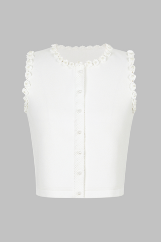 Pearl Sleeveless Flower Edge Button Knit  Top & Skirt Set