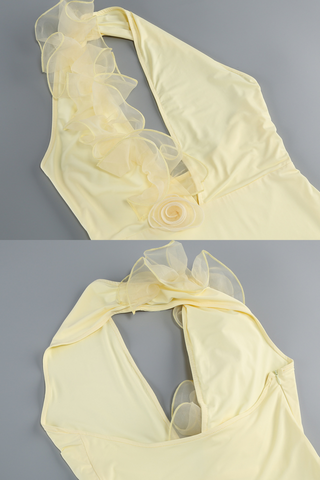 Yellow Ruffle Halter Backless Long Dress with Floral Appliqué and Deep V Neckline
