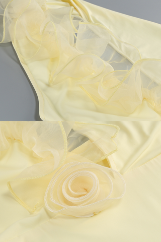 Yellow Ruffle Halter Backless Long Dress with Floral Appliqué and Deep V Neckline