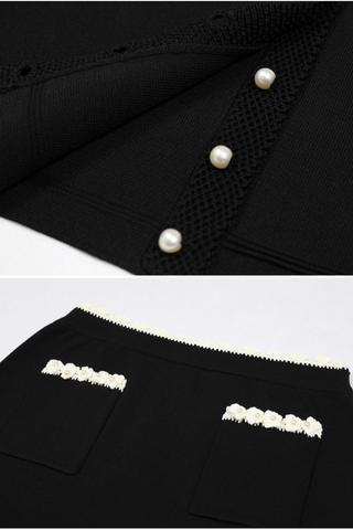 Pearl Sleeveless Flower Edge Button Knit  Top & Skirt Set