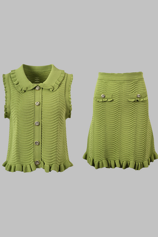 Green Ruffle Wavy Knit Skirt Set with Jewel Buttons