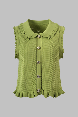 Green Ruffle Wavy Knit Skirt Set with Jewel Buttons