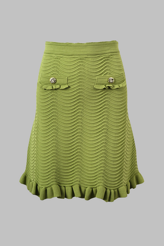 Green Ruffle Wavy Knit Skirt Set with Jewel Buttons