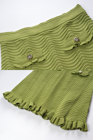 Green Ruffle Wavy Knit Skirt Set with Jewel Buttons