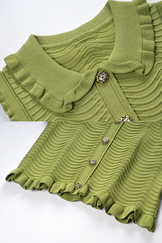 Green Ruffle Wavy Knit Skirt Set with Jewel Buttons