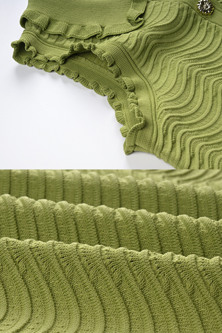 Green Ruffle Wavy Knit Skirt Set with Jewel Buttons