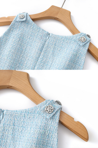 Crystal Button Wool Sleeveless Chic Tweed Mini Dress