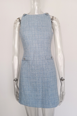 Crystal Button Wool Sleeveless Chic Tweed Mini Dress