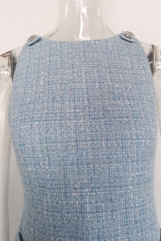 Crystal Button Wool Sleeveless Chic Tweed Mini Dress