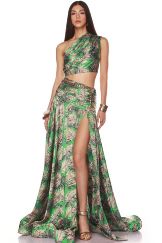 Tropical One Shoulder High Waist Slit long Skirt Set