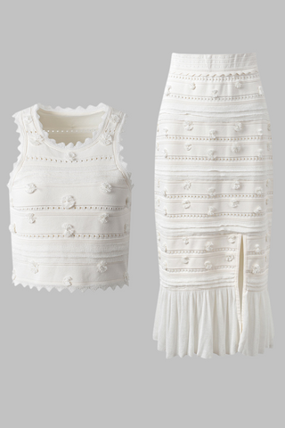 Textured  Elegant  White Sleeveless Knit Set with Fringe Skirt