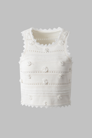 Textured  Elegant  White Sleeveless Knit Set with Fringe Skirt