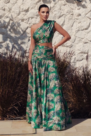 Tropical One Shoulder High Waist Slit long Skirt Set