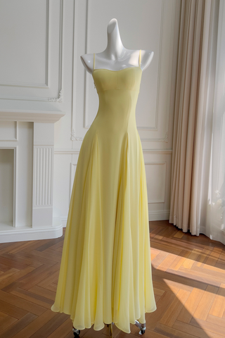 Yellow Sweetheart Neck Chiffon Flowing Pleated  Long Dress