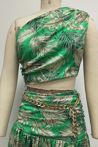 Tropical One Shoulder High Waist Slit long Skirt Set