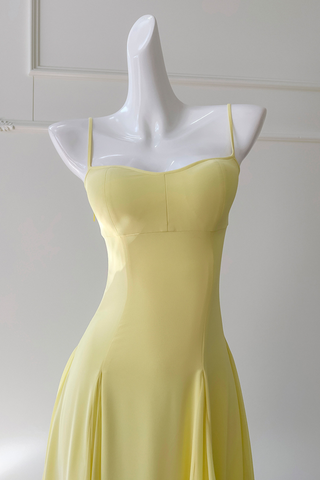 Yellow Sweetheart Neck Chiffon Flowing Pleated  Long Dress