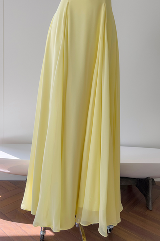 Yellow Sweetheart Neck Chiffon Flowing Pleated  Long Dress
