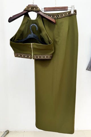 Embellished Olive Halter neck Top & Slit Maxi Skirt Set