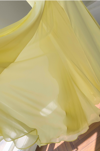 Yellow Sweetheart Neck Chiffon Flowing Pleated  Long Dress