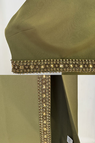 Embellished Olive Halter neck Top & Slit Maxi Skirt Set